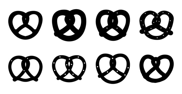 Black pretzel shapes in various styles - A collection of stylized black pretzel icons in different orientations and shapes, suitable for food, branding, or decorative use.