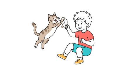 Boy Playing With Cat Colorful Vector Illustration On White Background
