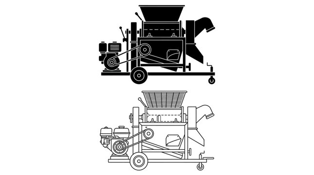 Agricultural thresher machine black line drawing on white background