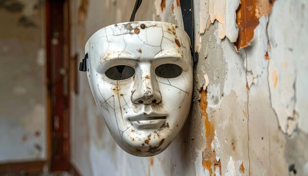 Creepy white theater mask hanging on peeling wall.