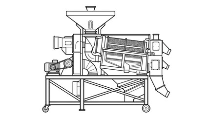 Fototapeta premium Agricultural thresher machine black line drawing on white background