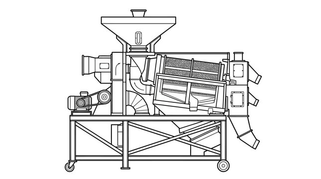 Agricultural thresher machine black line drawing on white background