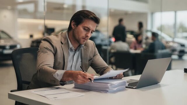 Medium shot showing a credit analyst evaluating used vehicle loan applications with an out of focus waiting area and customers in the dealership behind them