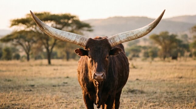 Majestic Ankole Watusi Bull with Large Horns in African Savanna Landscape.