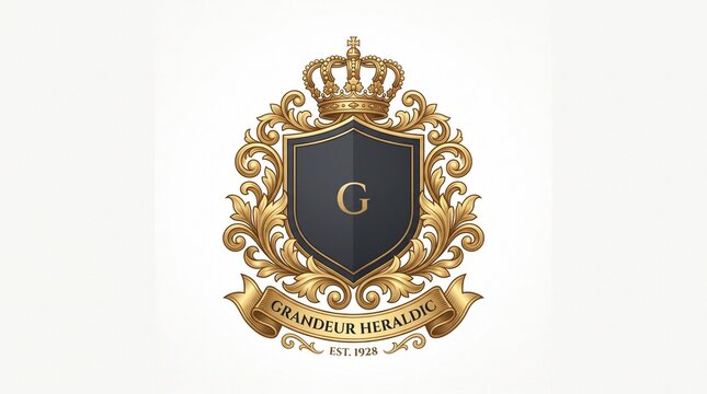 Ornate heraldic crest with golden crown and decorative scrollwork