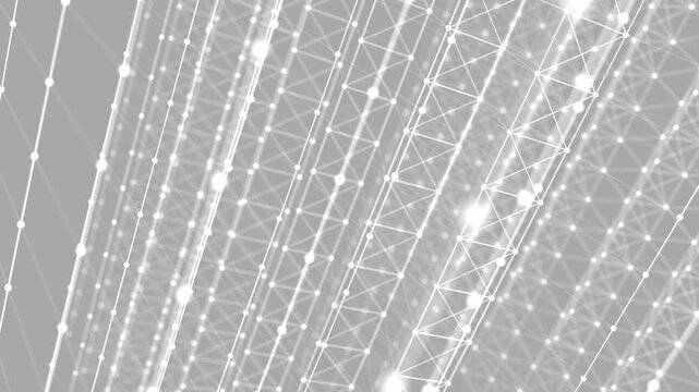 Abstract white network mesh with connected nodes and glowing geometric lines, creating a futuristic technology background for digital motion graphics.