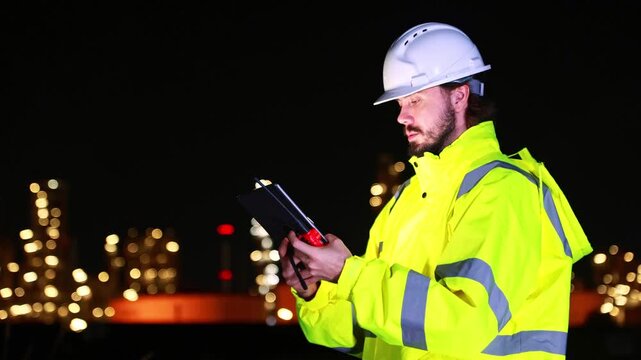 Male engineers gas separation plants and petrochemical plants stand working during the night shift holding tablets check data and plan engineering work amidst the brightly energy industrial structure.