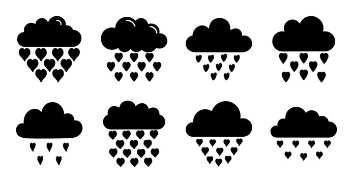 Rain clouds with snowflakes falling flat icon set - Minimalist black and white flat design icons showing rain clouds releasing snowflakes, perfect for weather-related projects.