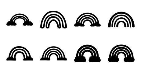 Obraz premium Set of colorful rainbow arches and half-moons - A clean set of stylized black and white rainbow arches and half-moon shapes arranged in two rows for versatile design use.