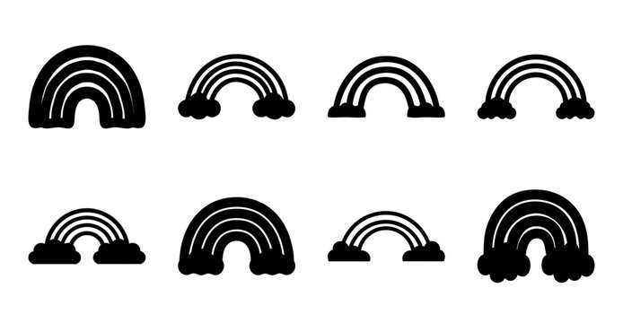 Black and white rainbow arches set - A clean set of stylized black and white rainbow arches with varying curvature, perfect for vibrant designs or weather-themed projects.