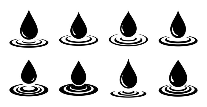 Black water droplets falling and splashing illustration - Minimalist black and white vector illustration showing water droplets falling and creating ripples on a flat surface.