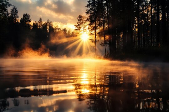Sunrise fog forest lake sunbeam reflection mist water tree nature sunrise over foggy forest lake with golden sunbeam warm reflection and calm mist