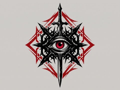 Mystical red eye in spiky ornate black design with glowing effect