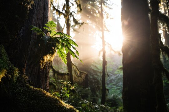 Sunlight through forest canopy moss on tree trunk fern leaves misty woodland warm glow natural landscape green foliage morning light