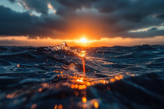 Calm ocean sunset with dramatic cloud and glowing light rays over water surface