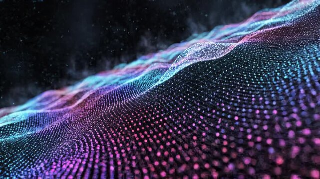 Abstract multicolored string of light in black background. Bright particles in row with luminous effects. Ray of lights pulsating in dark