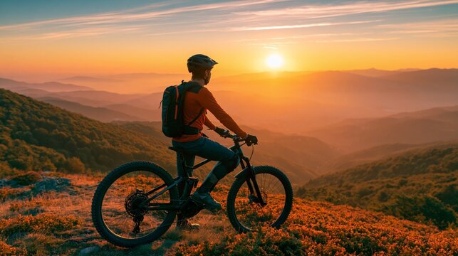 Electric Mountain Bike Rider Views Valley at Sunrise
