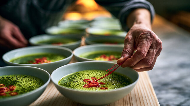 Preparing Traditional Green Soup with Red Chili Garnish