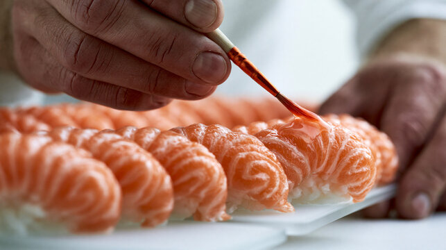 Chef Preparing Sushi with Artistic Brush Technique