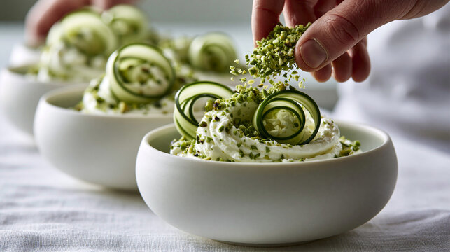 Gourmet Matcha Dessert with Cucumber Garnish and Pistachio