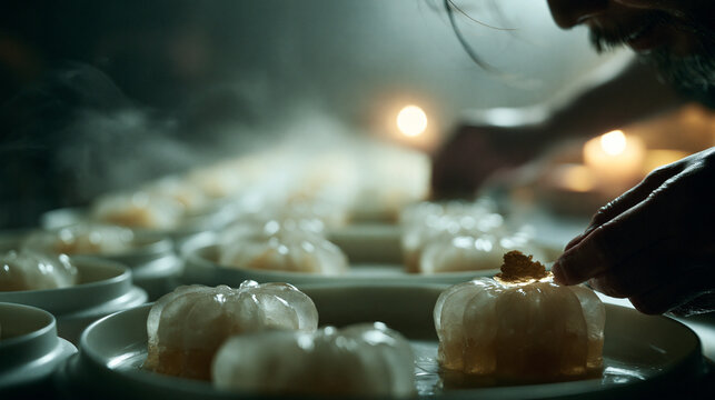 Dim Sum Being Prepared in Traditional Restaurant Kitchen