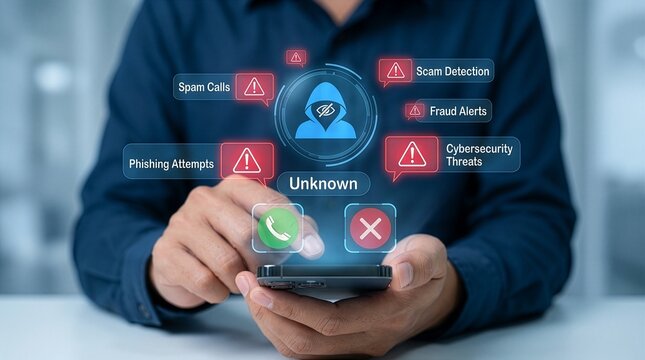Unknown caller warning and phone scam protection concept. Person using smartphone, suspicious alerts, unknown identity, accept or reject, fraud risk
