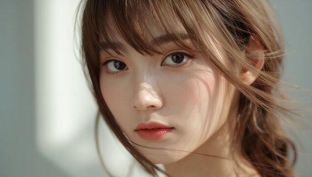柔らかな自然光の中で、シースルーバングの前髪の間から神秘的な眼差しを送る日本人女性