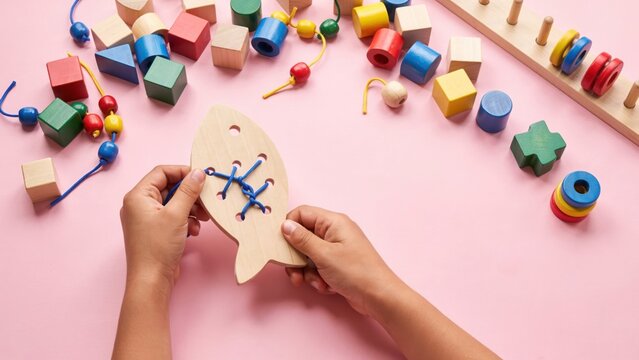 Child hands lacing a wooden fish toy. Creative educational kids game.