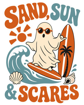 Playful Beach Ghost Riding Retro Surfboard