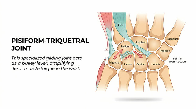 Anatomical illustration of the pisiform triquetral joint with wrist mechanics.