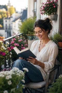 Young woman reading book on flower filled balcony enjoying peaceful morning in urban setting