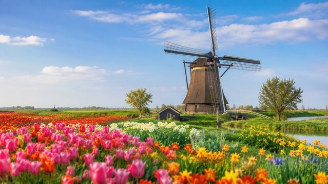Traditional Dutch windmill surrounded by colorful tulip fields under blue spring sky landscape