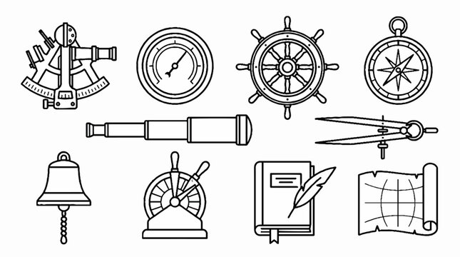 Collection of vintage nautical navigation and maritime exploration equipment line art icons.