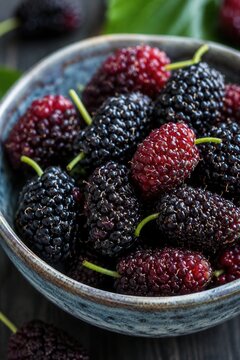 Fresh mulberries in ceramic bowl on rustic table showcasing ripe organic berries and natural flavor