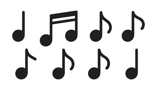 Collection of black musical notes isolated on transparent background, various music symbols.