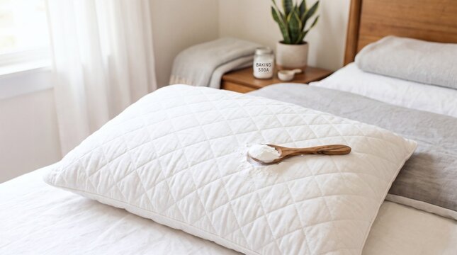 Natural Pillow Cleaning with Baking Soda and Wooden Spoon on Bed.
