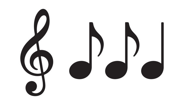 Musical treble clef and three music notes isolated on transparent background, sound symbols.