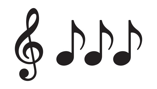 Treble clef and three musical notes isolated on transparent background, music symbols.