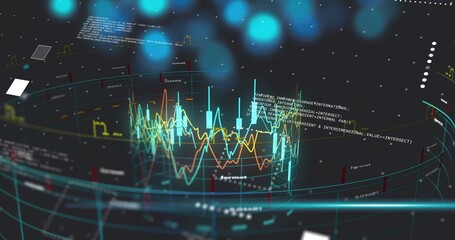 On data feed, 3D dashboard rotating, lines rippling, bars pulsing, panels drifting to show trends © vectorfusionart