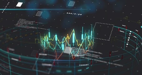 On data feed, 3D dashboard rotating, lines rippling, bars pulsing, panels drifting to show trends © vectorfusionart