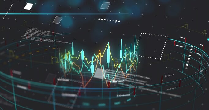 On data feed, 3D dashboard rotating, lines rippling, bars pulsing, panels drifting to show trends