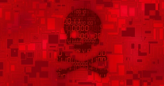 Binary digits cascading, tiles jittering, skull-and-crossbones glyph emerging in security warning