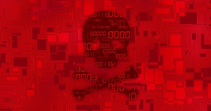 Binary digits cascading, tiles jittering, skull-and-crossbones glyph emerging in security warning