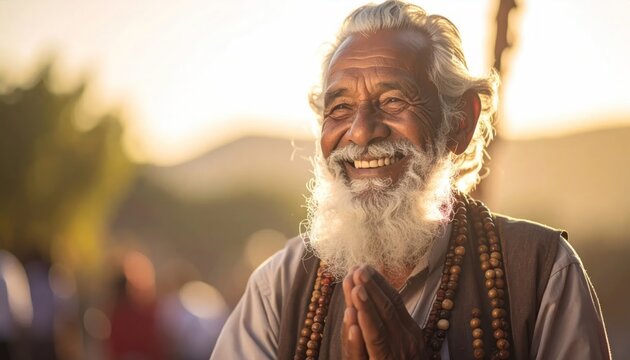 Elderly man with white beard praying with folded hands.