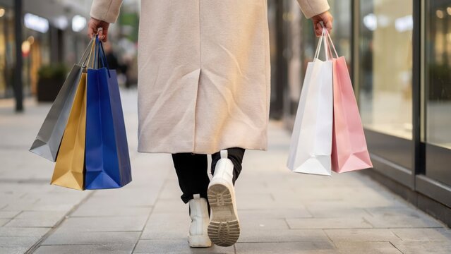 Woman walking with colorful shopping bags. Retail therapy concept.