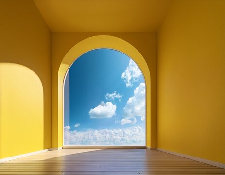 a bright yellow room with a large arched window offers a view of a blue sky dotted with fluffy white clouds