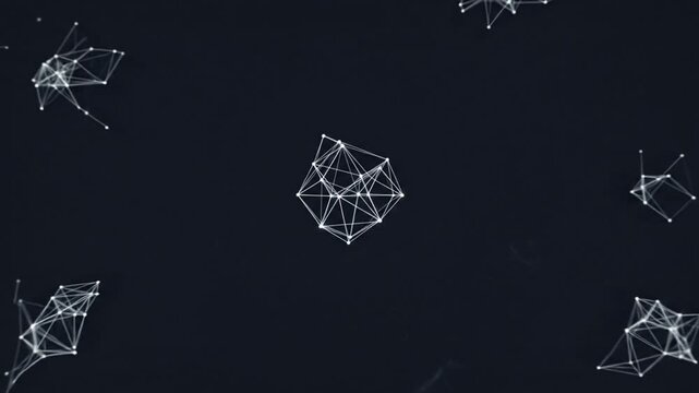 A digital animation shows a complex geometric network of white lines and dots evolving from a single point into a vast field of floating interconnected polyhedral structures.