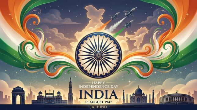 Indian independence day celebration background featuring national monuments ashoka chakra fighter jets and tricolor flags graphic for patriotic festivals in india