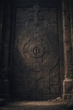 A massive stone door with carved reliefs and a single keyhole.