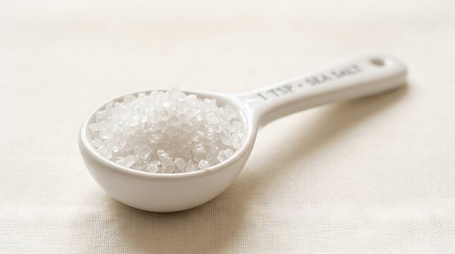 A clean, white ceramic measuring spoon filled with coarse sea salt, set against a neutral fabric background, perfect for culinary, recipe, and healthy cooking concepts.